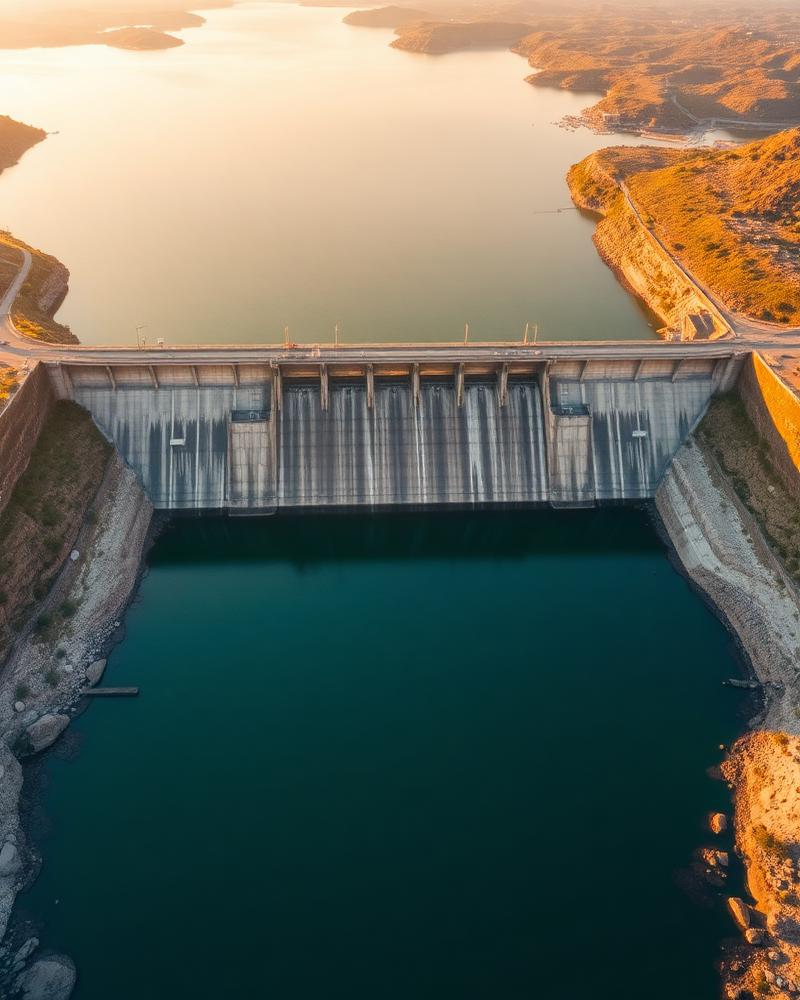 Aerial view of a dam reservoir
