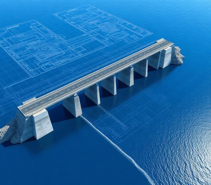 3D engineering render of a coastal bridge and dam