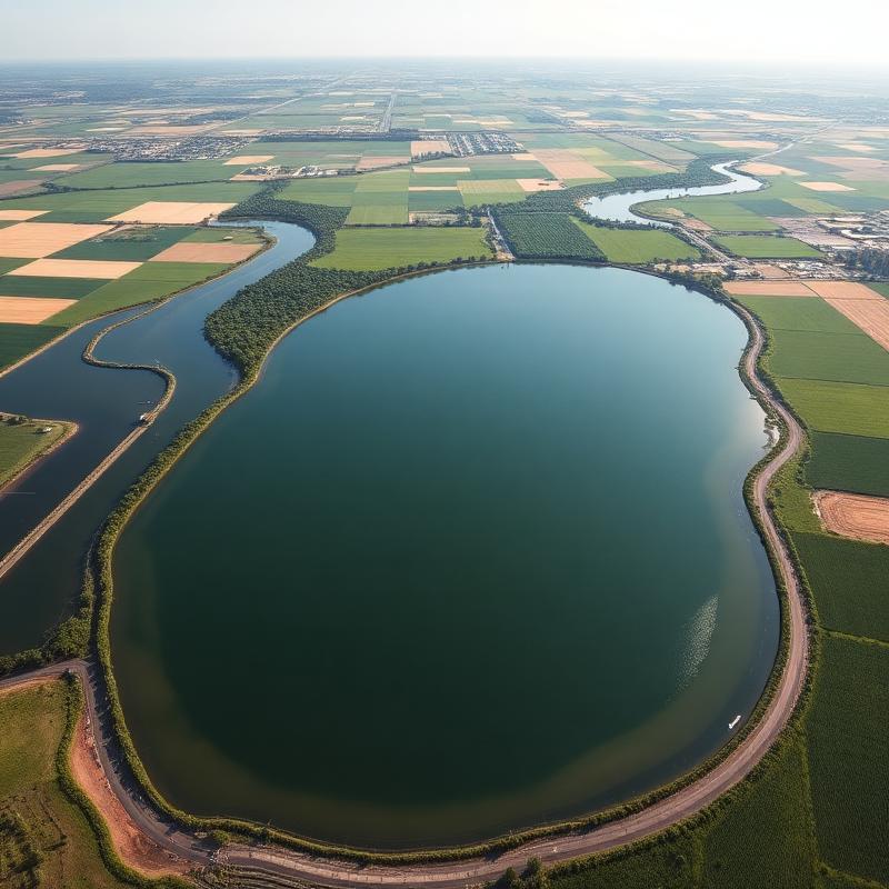 Aerial view of a reservoir surrounded by farmland