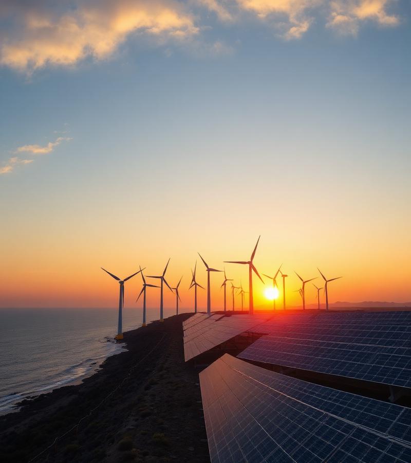Wind turbines and solar panels at sunrise
