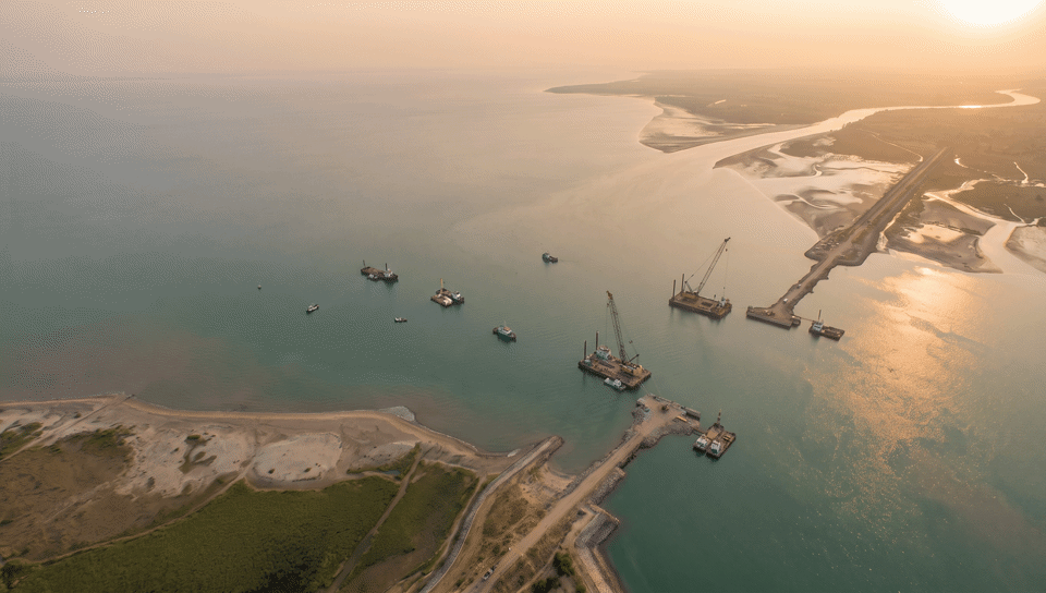 Aerial view of the Gulf of Khambhat with engineering visualization of the proposed Kalpasar dam